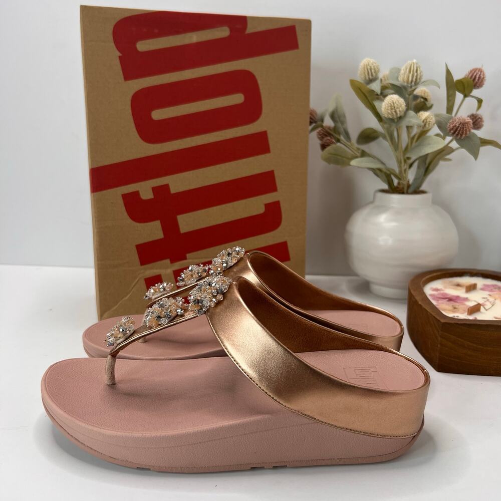 FitFlop Galaxy Crystal Embellished Toe-Thong Sandals Rose Gold Women 9/EU41 NWB - Picture 2 of 11